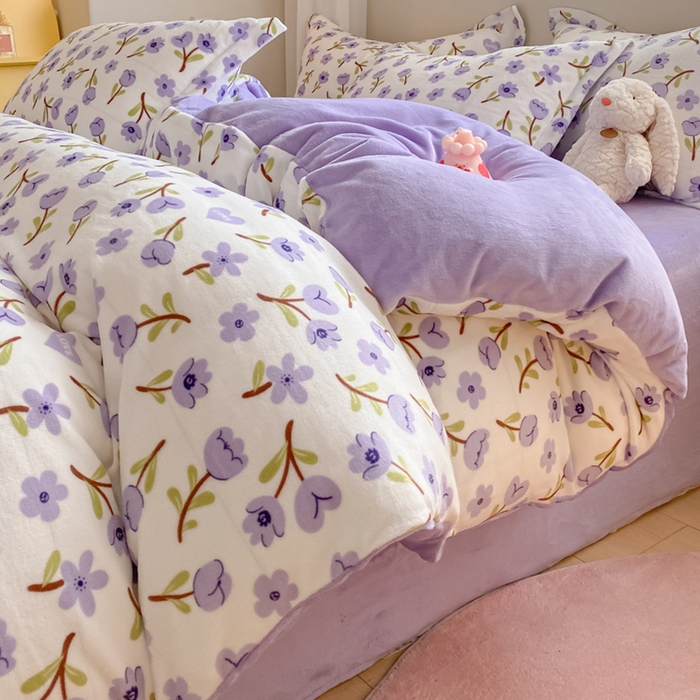 91家纺网 家纺一手货源 找家纺 梦之岛 2023新款牛奶绒加厚小清新印花保暖四件套 花恋