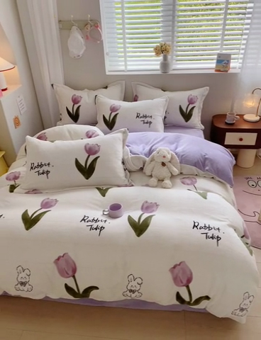 91家纺网 家纺一手货源 找家纺 梦之岛 2023新款牛奶绒加厚小清新印花保暖四件套 花园小兔