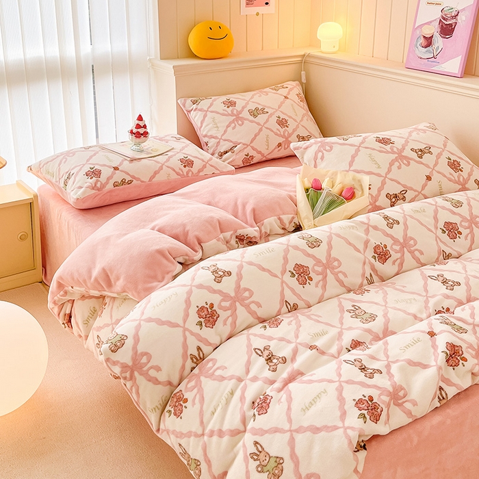 91家纺网 家纺一手货源 找家纺 金爱家 2023新款ins小清新韩系卡通少女心奶油兔子加厚牛奶绒系列四件套 绒-菲丽