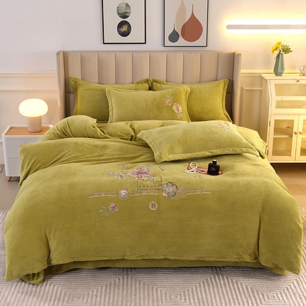 富之航 2023新款牛奶绒刺绣四件套 花香蝶影-绿