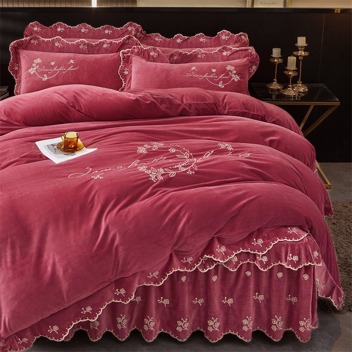 91家纺网 家纺一手货源 找家纺 2023 恒爱家纺 花好月圆宝宝绒床裙四件套 深豆沙