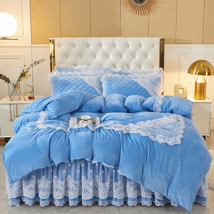 91家纺网 家纺一手货源 找家纺 2023新款水晶绒保暖床裙四件套爱妮系列 欣蓝