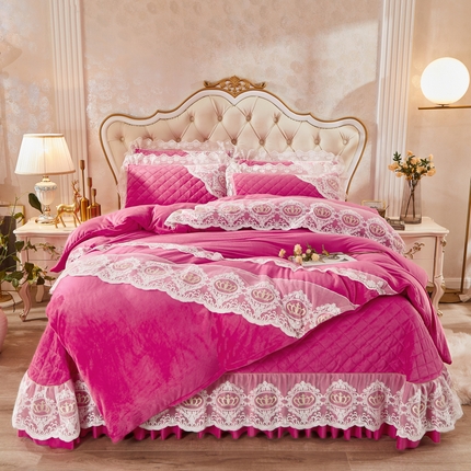 91家纺网 家纺一手货源 找家纺 恋尚 2023新款水晶绒夹棉床盖四件套卡雯系列 玫红