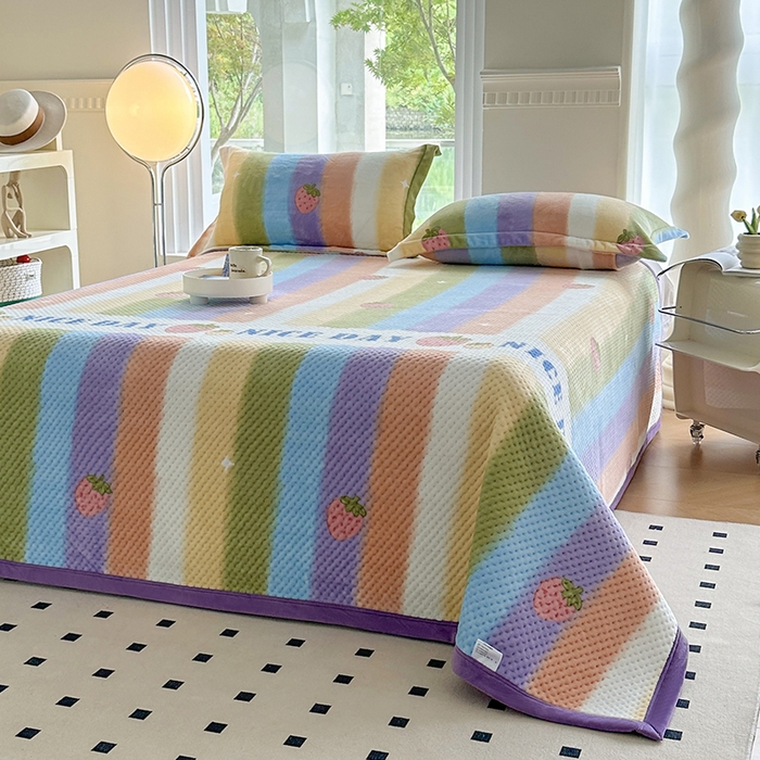 91家纺网 家纺一手货源 找家纺 胜权 2024款高克重牛奶绒夹棉单床盖单件保暖床盖三件套 彩虹甜心