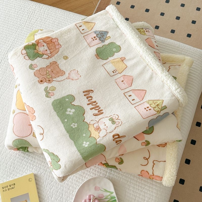 91家纺网 家纺一手货源 找家纺 萝莉家纺 2023新款ins加厚牛奶绒羊羔绒毯午睡毯沙发盖毯-风格二 快乐的一天