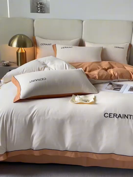 91家纺网 家纺一手货源 找家纺 盛秋家纺 2025新款洛伦-麻绳款系列四件套 奶昔白+南瓜橘