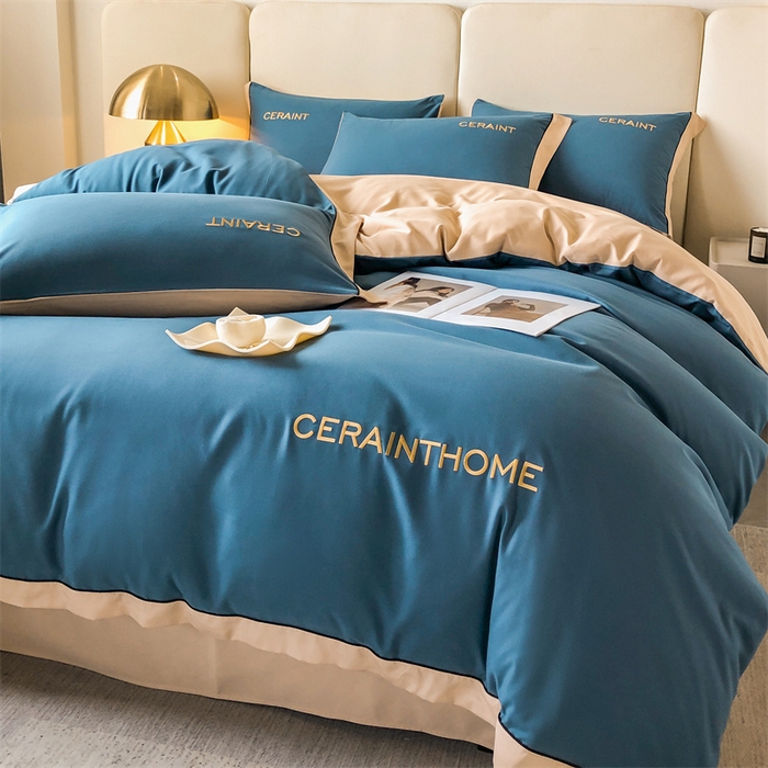 91家纺网 家纺一手货源 找家纺 盛秋家纺 2025新款洛伦-麻绳款系列四件套 宾利蓝+奶茶