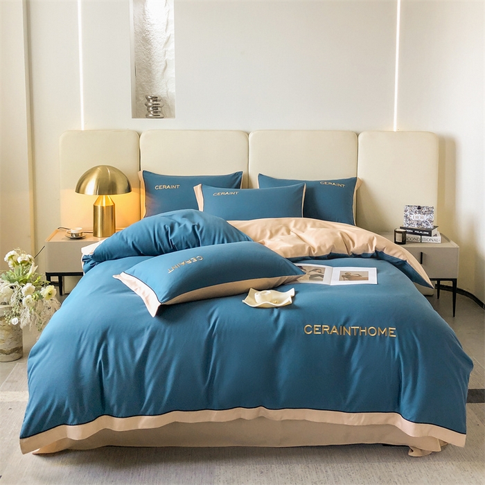 91家纺网 家纺一手货源 找家纺 盛秋家纺 2025新款洛伦-麻绳款系列四件套 宾利蓝+奶茶