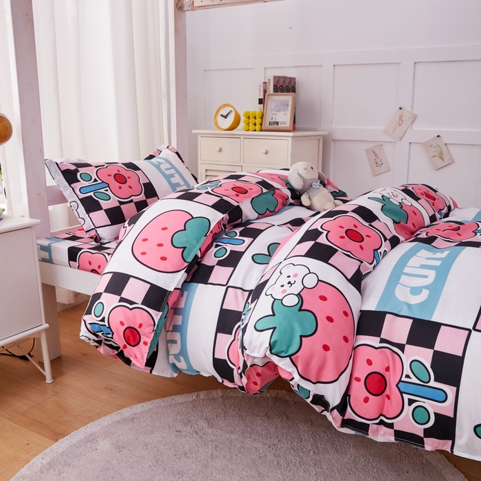 91家纺网 家纺一手货源 找家纺 2023新款亲肤棉美棉芦荟棉三件套美棉（8月）学生宿舍床 草莓果酱