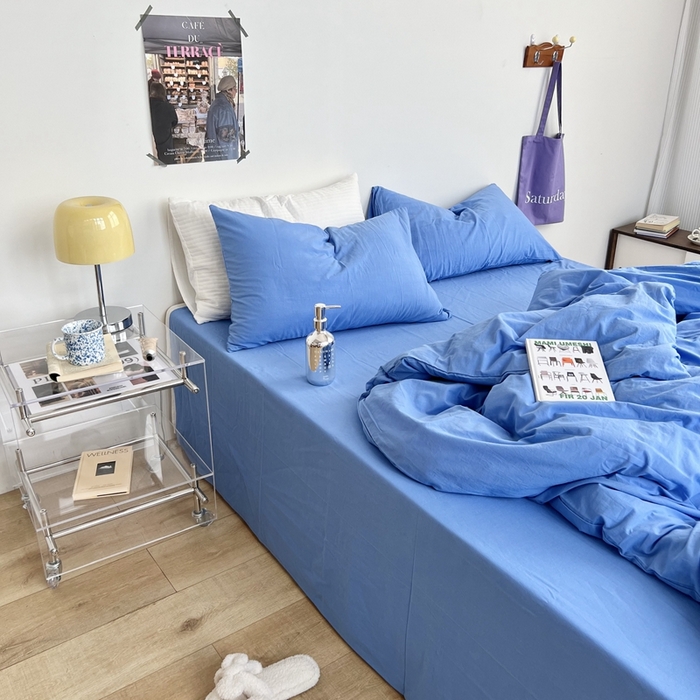 91家纺网 家纺一手货源 找家纺 六巷胡同 2023新款纯色多巴胺博主风四件套 布鲁斯蓝