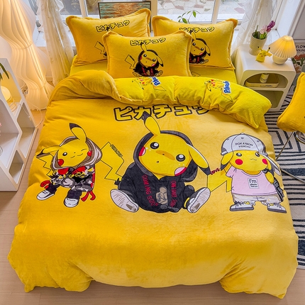 91家纺网 家纺一手货源 找家纺 2024新款卡通法莱绒牛奶绒珊瑚绒四件套升级版酷酷皮卡丘