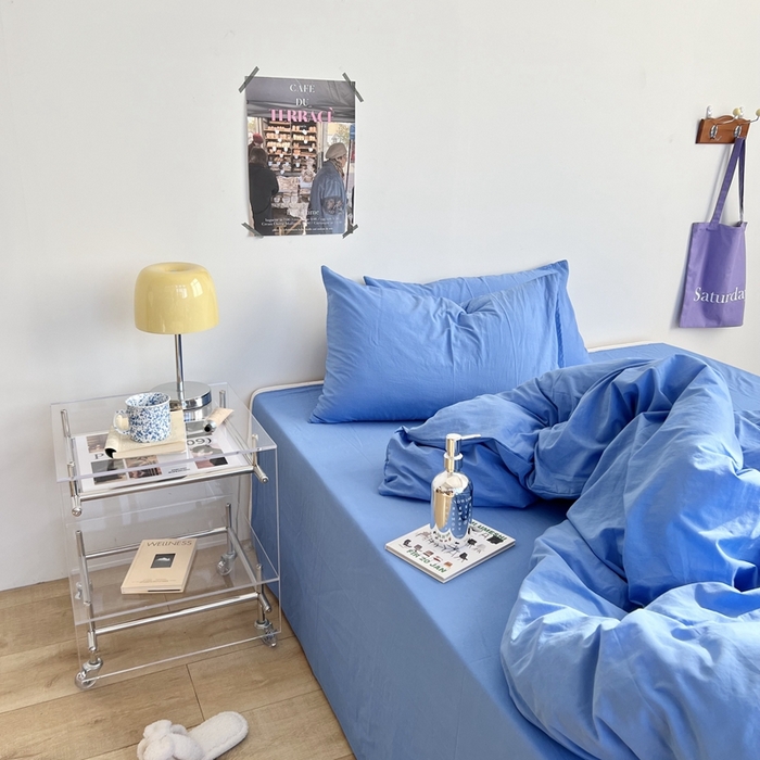 91家纺网 家纺一手货源 找家纺 六巷胡同 2023新款纯色多巴胺博主风四件套 布鲁斯蓝