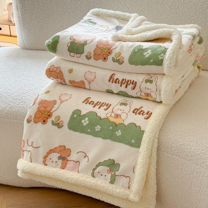 91家纺网 家纺一手货源 找家纺 萝莉家纺 2023新款ins加厚牛奶绒羊羔绒毯午睡毯沙发盖毯-风格二 快乐的一天