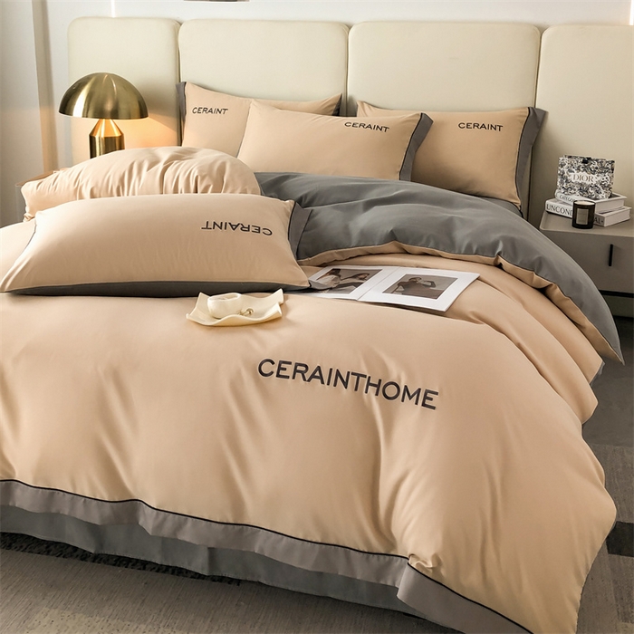 91家纺网 家纺一手货源 找家纺 盛秋家纺 2025新款洛伦-麻绳款系列四件套 奶茶+高级灰