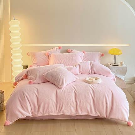 金爱家 23新品全消光牛奶绒A类纯色立体獭兔毛绒四件套 兔毛纯色-蜜粉