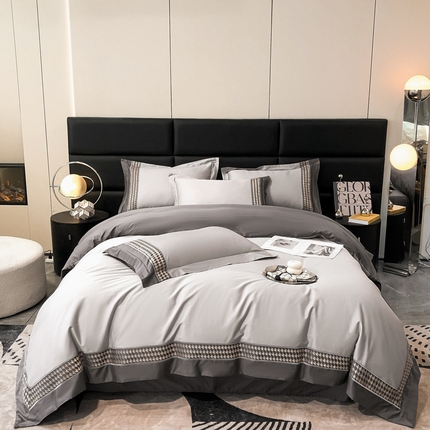 91家纺网 家纺一手货源 找家纺 （总）2023新款绣花千鸟格系列全棉长绒棉刺绣四件套