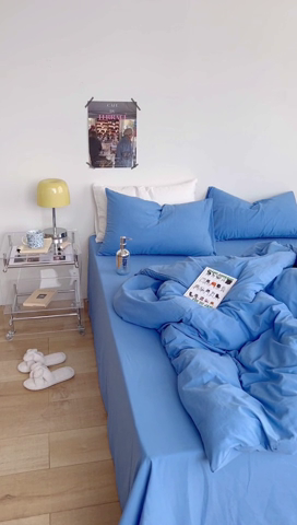 91家纺网 家纺一手货源 找家纺 六巷胡同 2023新款纯色多巴胺博主风四件套 布鲁斯蓝