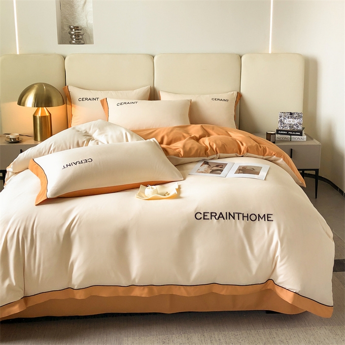 91家纺网 家纺一手货源 找家纺 盛秋家纺 2025新款洛伦-麻绳款系列四件套 奶昔白+南瓜橘