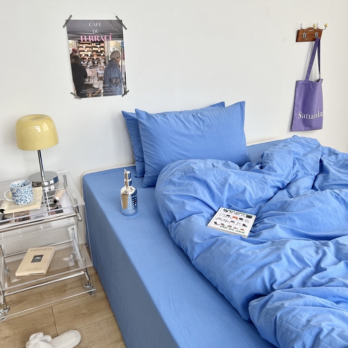 91家纺网 家纺一手货源 找家纺 六巷胡同 2023新款纯色多巴胺博主风四件套 布鲁斯蓝