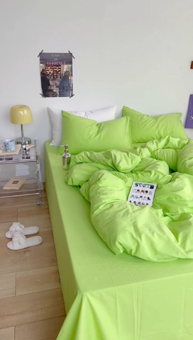 91家纺网 家纺一手货源 找家纺 六巷胡同 2023新款纯色多巴胺博主风四件套 荧光绿