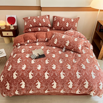 91家纺网 家纺一手货源 找家纺 雅居纺 2023新款200克立体雕花烂花绒四件套-小兔兔系列 小兔兔-豆沙
