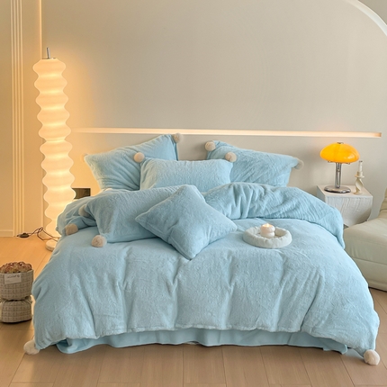 金爱家 23新品全消光牛奶绒A类纯色立体獭兔毛绒四件套 兔毛纯色-海蓝