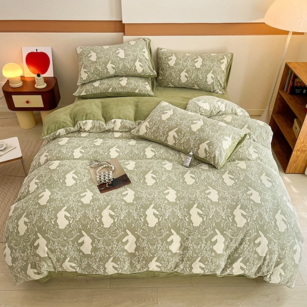 91家纺网 家纺一手货源 找家纺 雅居纺 2023新款200克立体雕花烂花绒四件套-小兔兔系列 小兔兔-绿
