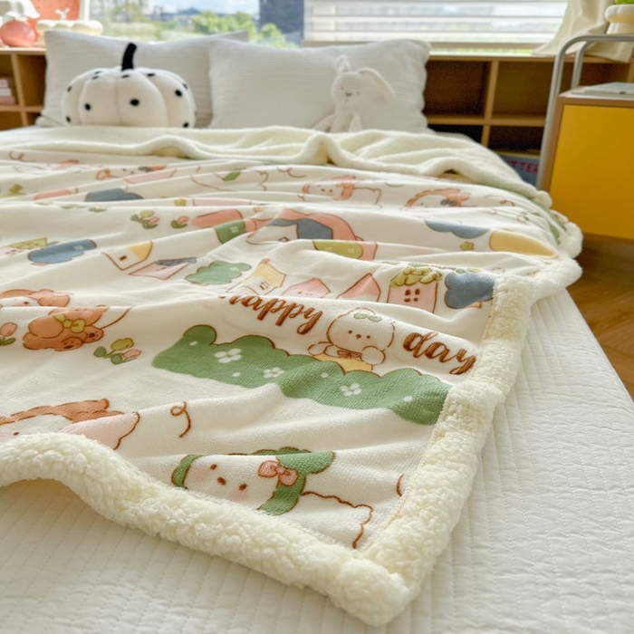 91家纺网 家纺一手货源 找家纺 萝莉家纺 2023新款ins加厚牛奶绒羊羔绒毯午睡毯沙发盖毯-风格二 快乐的一天