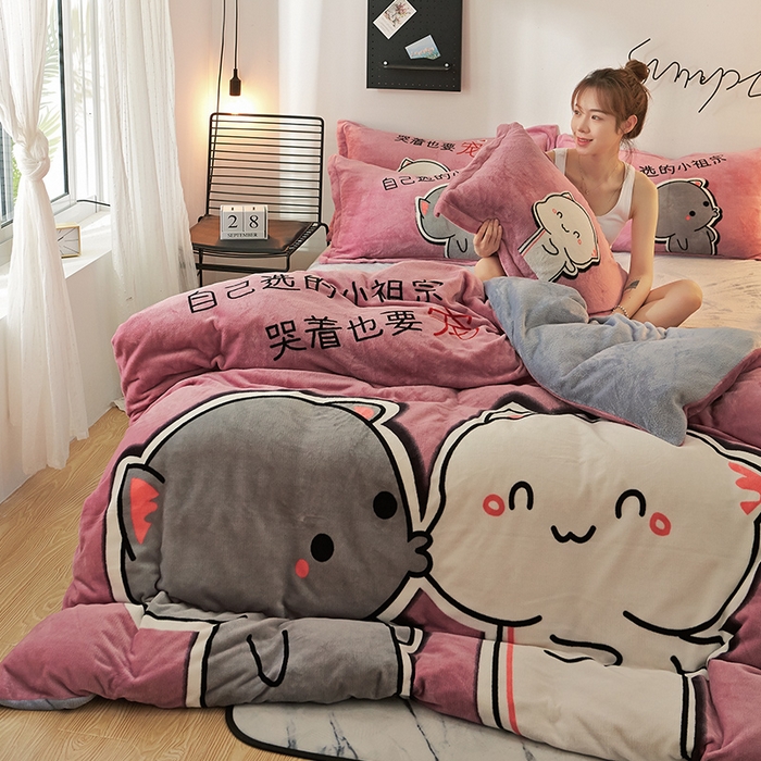 91家纺网 家纺一手货源 找家纺 KT猫 2024卡通法莱绒牛奶绒四件套小祖宗