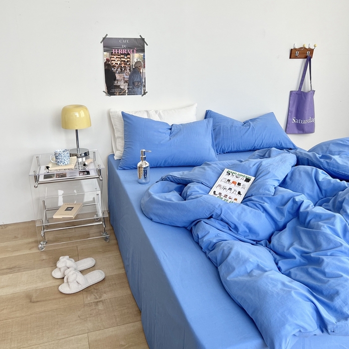 91家纺网 家纺一手货源 找家纺 六巷胡同 2023新款纯色多巴胺博主风四件套 布鲁斯蓝