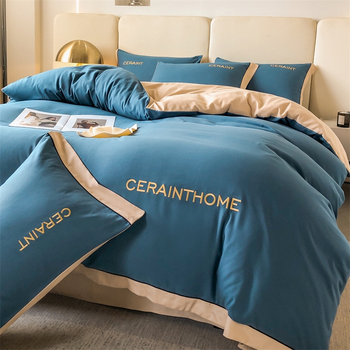 91家纺网 家纺一手货源 找家纺 盛秋家纺 2025新款洛伦-麻绳款系列四件套 宾利蓝+奶茶