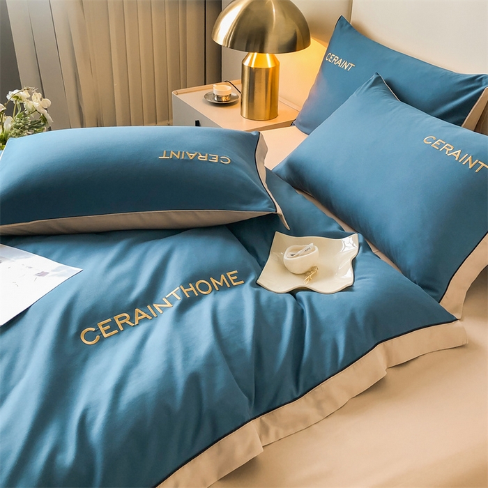 91家纺网 家纺一手货源 找家纺 盛秋家纺 2025新款洛伦-麻绳款系列四件套 宾利蓝+奶茶