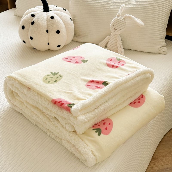 91家纺网 家纺一手货源 找家纺 萝莉家纺 2023新款ins加厚牛奶绒羊羔绒毯午睡毯沙发盖毯-风格二 小草莓
