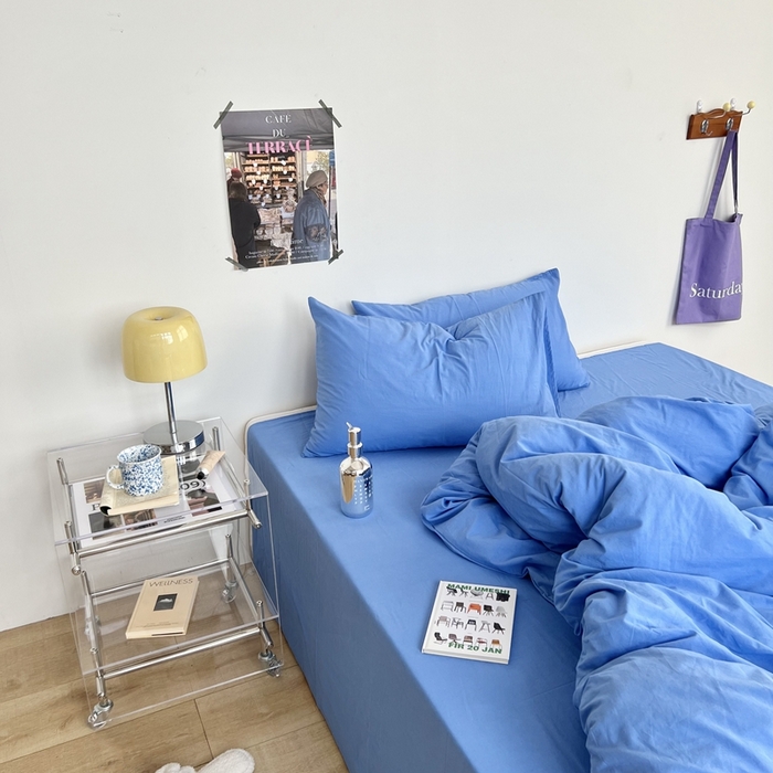 91家纺网 家纺一手货源 找家纺 六巷胡同 2023新款纯色多巴胺博主风四件套 布鲁斯蓝