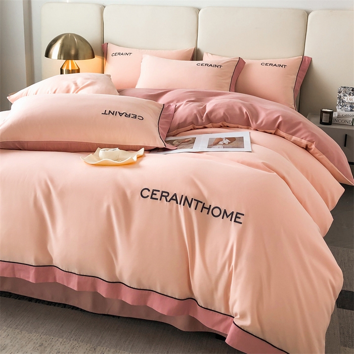 91家纺网 家纺一手货源 找家纺 盛秋家纺 2025新款洛伦-麻绳款系列四件套 奶油粉+浅豆沙