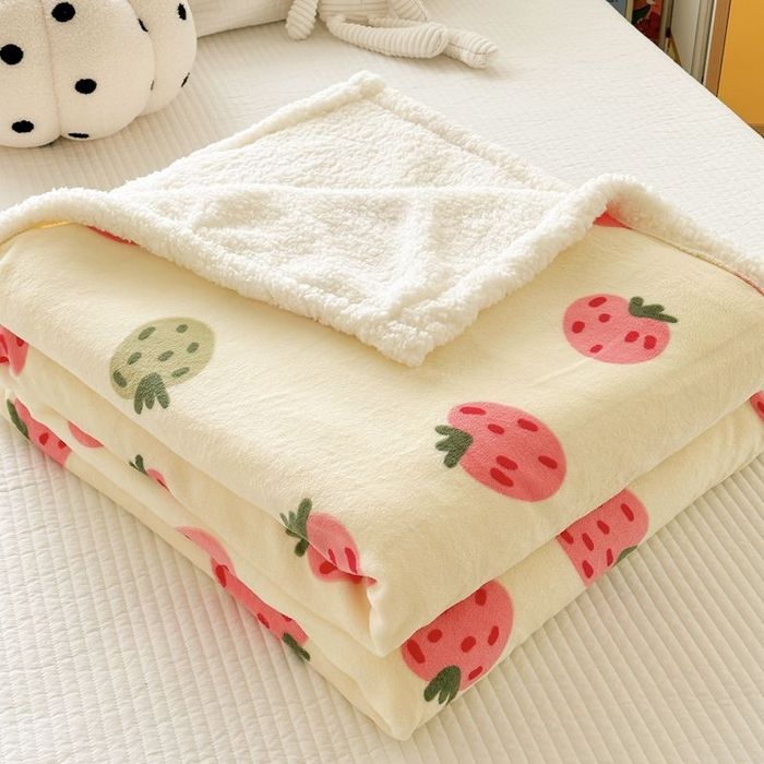 91家纺网 家纺一手货源 找家纺 萝莉家纺 2023新款ins加厚牛奶绒羊羔绒毯午睡毯沙发盖毯-风格二 小草莓