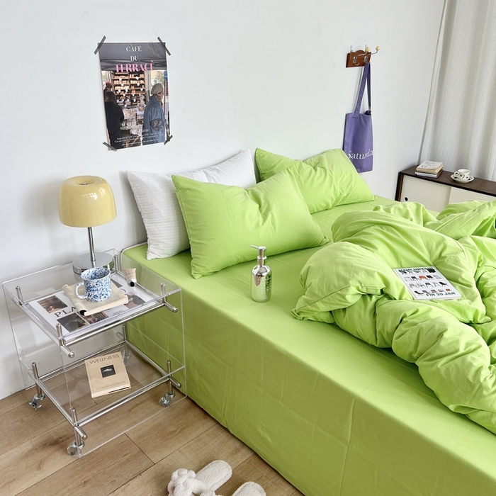 91家纺网 家纺一手货源 找家纺 六巷胡同 2023新款纯色多巴胺博主风四件套 荧光绿