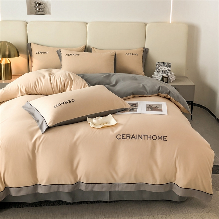 91家纺网 家纺一手货源 找家纺 盛秋家纺 2025新款洛伦-麻绳款系列四件套 奶茶+高级灰