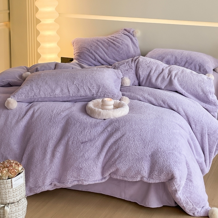 91家纺网 家纺一手货源 找家纺 金爱家 23新品全消光牛奶绒A类纯色立体獭兔毛绒四件套 兔毛纯色-青紫