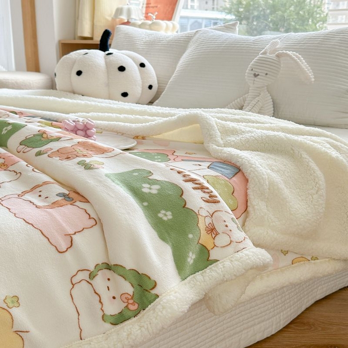 91家纺网 家纺一手货源 找家纺 萝莉家纺 2023新款ins加厚牛奶绒羊羔绒毯午睡毯沙发盖毯-风格二 快乐的一天