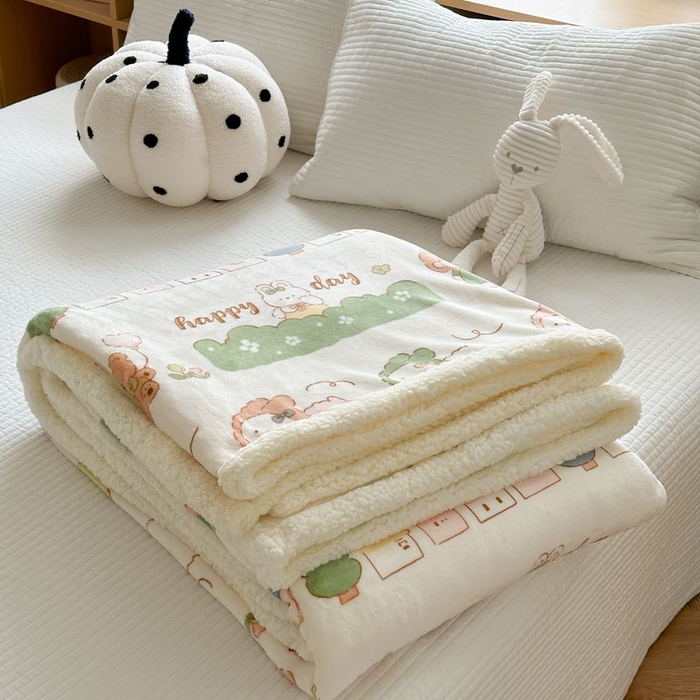 91家纺网 家纺一手货源 找家纺 萝莉家纺 2023新款ins加厚牛奶绒羊羔绒毯午睡毯沙发盖毯-风格二 快乐的一天