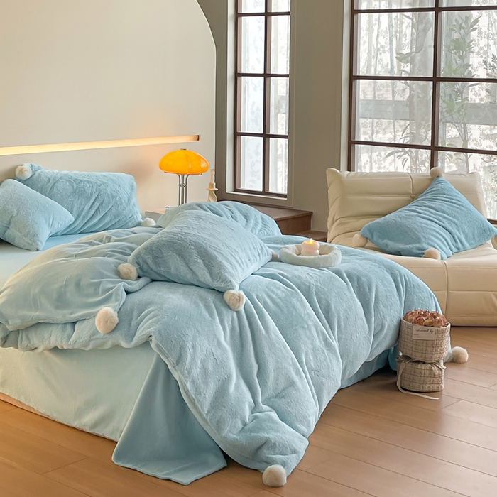 91家纺网 家纺一手货源 找家纺 金爱家 23新品全消光牛奶绒A类纯色立体獭兔毛绒四件套 兔毛纯色-海蓝