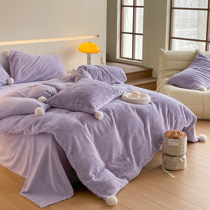 91家纺网 家纺一手货源 找家纺 金爱家 23新品全消光牛奶绒A类纯色立体獭兔毛绒四件套 兔毛纯色-青紫
