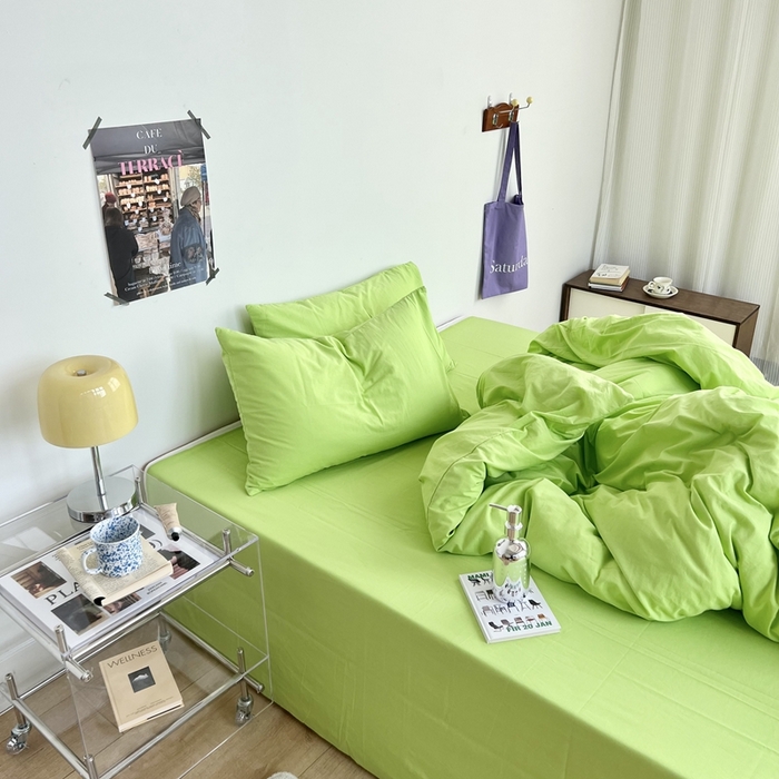 91家纺网 家纺一手货源 找家纺 六巷胡同 2023新款纯色多巴胺博主风四件套 荧光绿