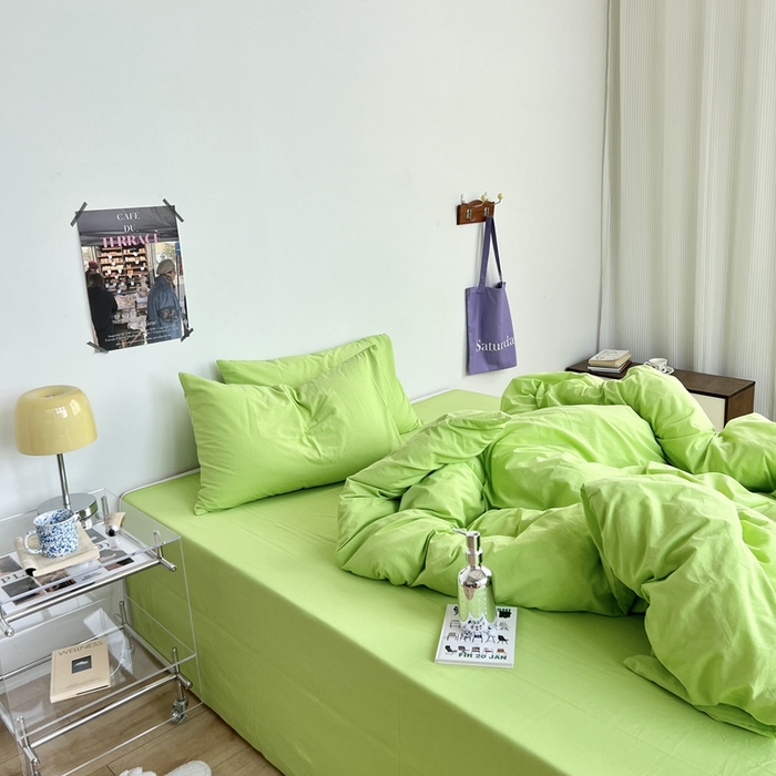 91家纺网 家纺一手货源 找家纺 六巷胡同 2023新款纯色多巴胺博主风四件套 荧光绿