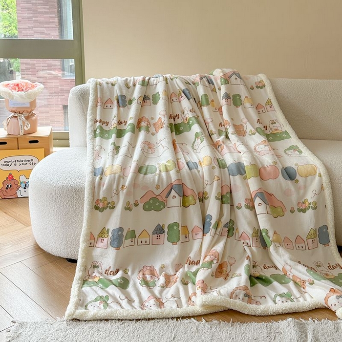 91家纺网 家纺一手货源 找家纺 萝莉家纺 2023新款ins加厚牛奶绒羊羔绒毯午睡毯沙发盖毯-风格二 快乐的一天