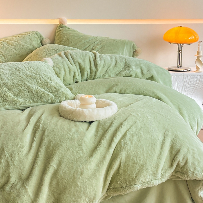 91家纺网 家纺一手货源 找家纺 金爱家 23新品全消光牛奶绒A类纯色立体獭兔毛绒四件套 兔毛纯色-青绿