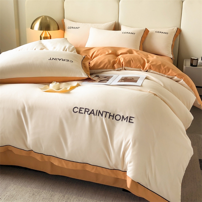 91家纺网 家纺一手货源 找家纺 盛秋家纺 2025新款洛伦-麻绳款系列四件套 奶昔白+南瓜橘