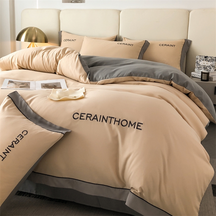 91家纺网 家纺一手货源 找家纺 盛秋家纺 2025新款洛伦-麻绳款系列四件套 奶茶+高级灰