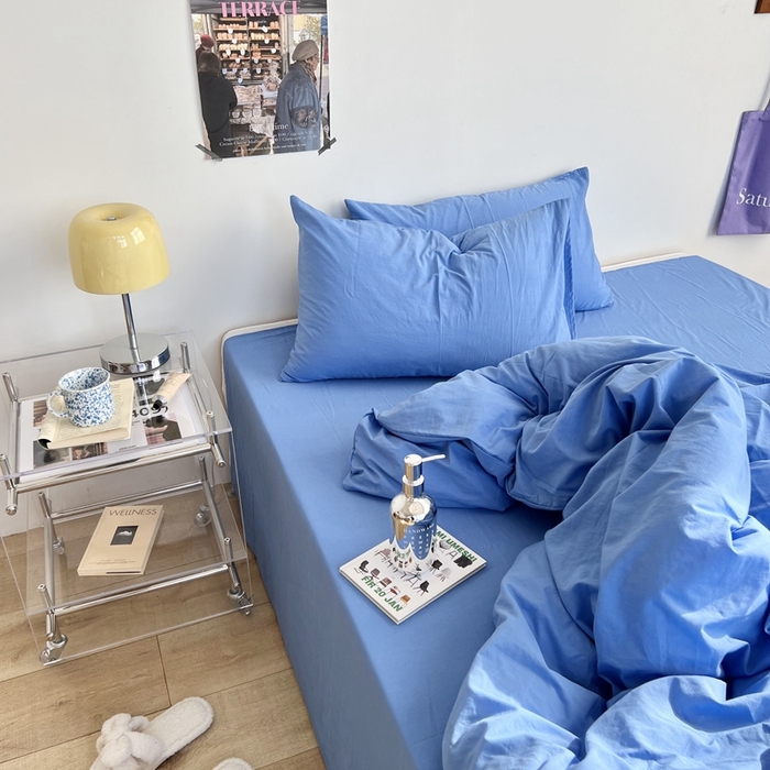 91家纺网 家纺一手货源 找家纺 六巷胡同 2023新款纯色多巴胺博主风四件套 布鲁斯蓝